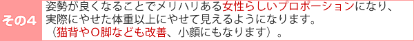 その4:姿勢が良くなることでメリハリある女性らしいプロポーションになり、実際にやせた体重以上にやせて見えるようになります(猫背やO脚なども改善、小顔にもなります)